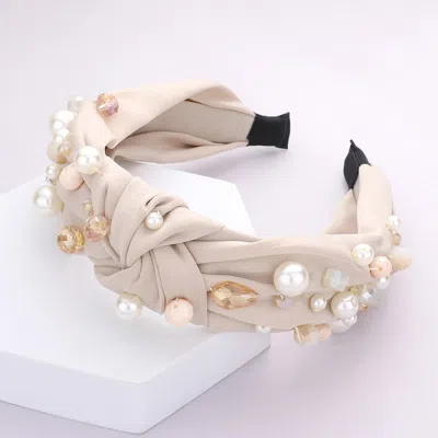 Fashnzfab Pearl Multi Bead Embellished Knot Burnout Headband In Sand