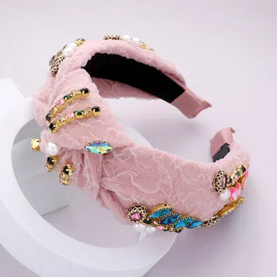 Fashnzfab Pearl Multi Stone Embellished Knot Burnout Lace Headband In Pink