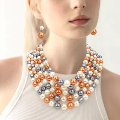 Fashnzfab Pearl Multi Strand Bib Necklace In Brown