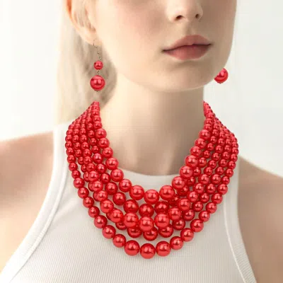 Fashnzfab Pearl Beaded Multi Strand Statement Necklace In Red