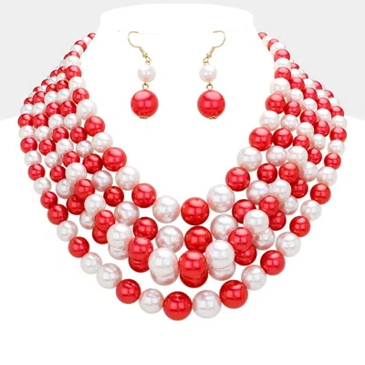 Fashnzfab Pearl Multi Strand Bib Necklace In Red