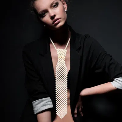 Fashnzfab Pearl Neck Tie Necklace - Cream In White