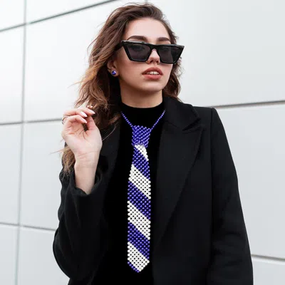 Fashnzfab Pearl Neck Tie Necklace In Blue