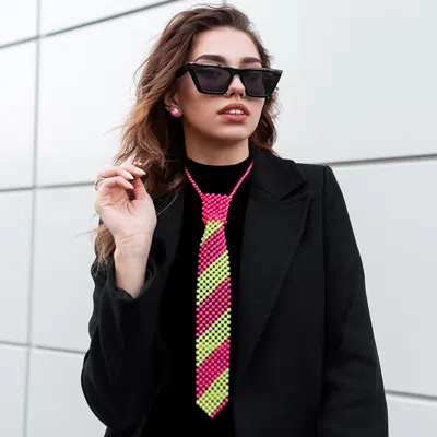 Fashnzfab Pearl Neck Tie Necklace - Pink & Green In Red
