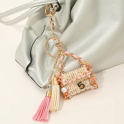 Fashnzfab Pearl Number Five Stone Charm Accent Tweed Handbag Tassel Keychain / Bag Charm In Pink