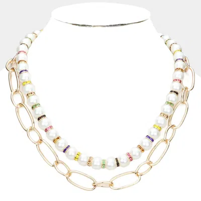 Fashnzfab Pearl Open Metal Oval Link Double Layered Necklace In Multi