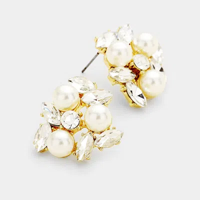 Fashnzfab Pearl Oval Glass Crystal Cluster Earrings In Gold