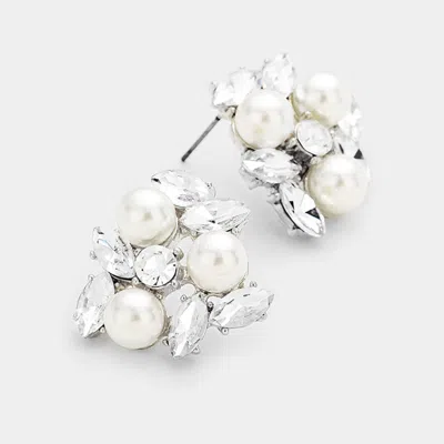 Fashnzfab Pearl Oval Glass Crystal Cluster Earrings In Metallic