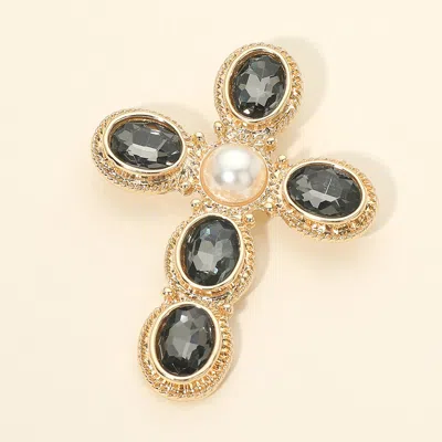 Fashnzfab Pearl Oval Stone Vintage Cross Pin Brooch In Multi
