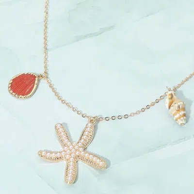 Fashnzfab Pearl Pave Starfish Conch Shell Charm Necklace In Gold