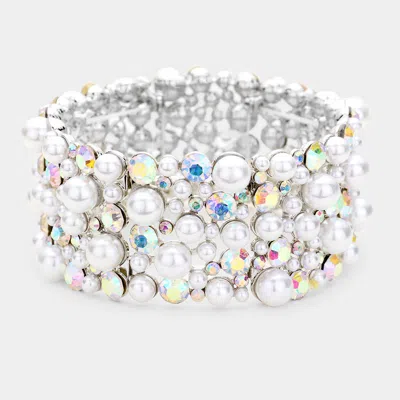 Fashnzfab Pearl Pave Stretch Evening Bracelet Ab, Silver In Multi