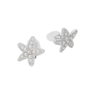 Fashnzfab Pearl Pave Textured Starfish Clip On Earrings In Silver