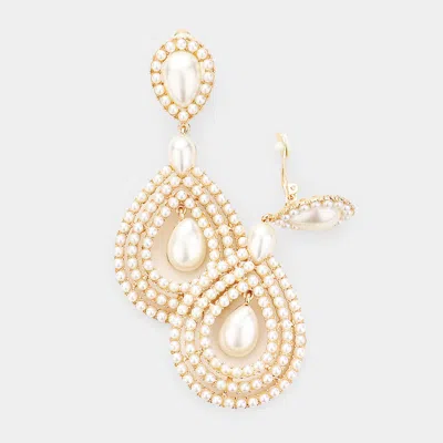 Fashnzfab Pearl Pave Trimmed Teardrop Clip On Earrings - Cream In Gold