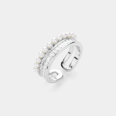 Fashnzfab Pearl Paved Baguette Stone Embellished Ring In Silver