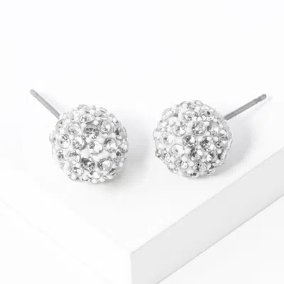 Fashnzfab Pearl Paved Disco Ball Stud Earrings - Clear, White In Metallic
