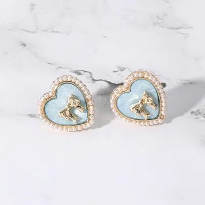 Fashnzfab Pearl Paved Rim Metal Bow Pointed Enamel Heart Stud Earrings In Multi