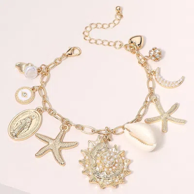 Fashnzfab Pearl Paved Shell Crescent Metal Starfish Heart Evil Eye Virgin Mary Charm Station Bracelet Gold, Wh In Multi