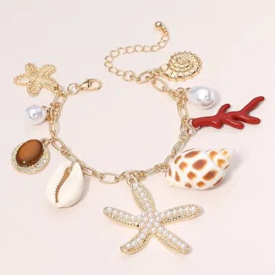 Fashnzfab Pearl Paved Starfish Puka Shell Peal Charm Station Chain Bracelet Cream, Gold In Multi