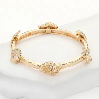 Fashnzfab Pearl Paved Starfish Shell Puka Shell Pointed Stretch Bracelet Gold