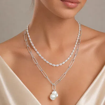 Fashnzfab Pearl Pendant Accent Layered Paperclip Chain Necklace In Yellow