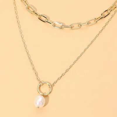 Fashnzfab Pearl Pendant Drop Accent Layered Chain Necklace In Gold