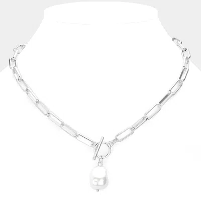 Fashnzfab Pearl Pendant Toggle Necklace In Metallic
