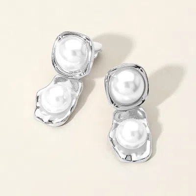 Fashnzfab Pearl Plate Link Clip On Earrings In Silver