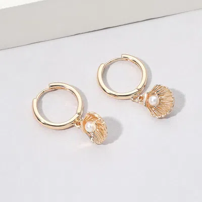 Fashnzfab Pearl Point Metal Sea Shell Dangle Mini Huggie Hoop Earrings In Gold