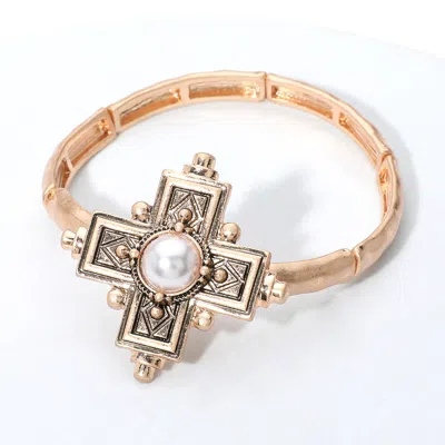 Fashnzfab Pearl Pointed Antique Cross Stretch Bracelet Worn Gold In Multi