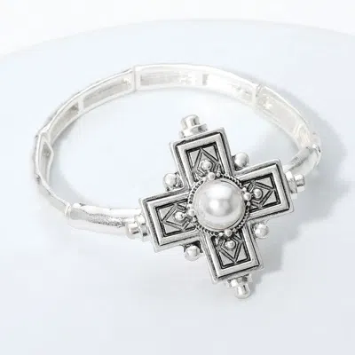 Fashnzfab Pearl Pointed Antique Cross Stretch Bracelet Worn Silver In Multi