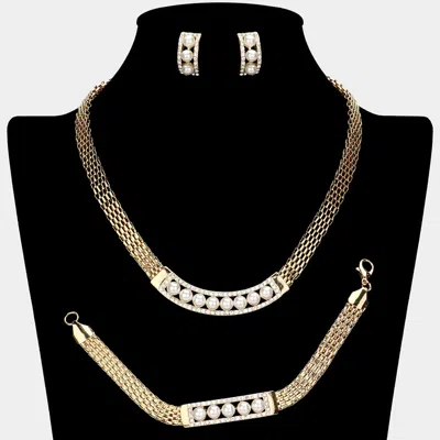 Fashnzfab Pearl Pointed Bar Crystal Rhinestone Necklace Jewelry Set In Gold