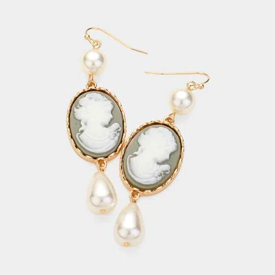 Fashnzfab Pearl Pointed Cameo Dangle Earrings - Gray In Gold