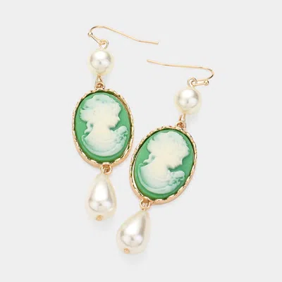 Fashnzfab Pearl Pointed Cameo Dangle Earrings - Green