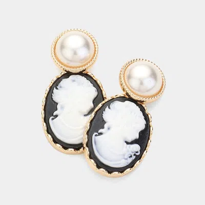 Fashnzfab Pearl Pointed Cameo Dangle Earrings - Black In Silver