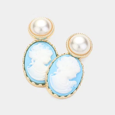 Fashnzfab Pearl Pointed Cameo Dangle Earrings In Blue
