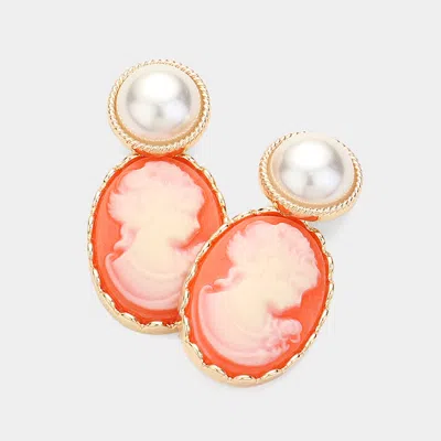 Fashnzfab Pearl Pointed Cameo Dangle Earrings In Gold