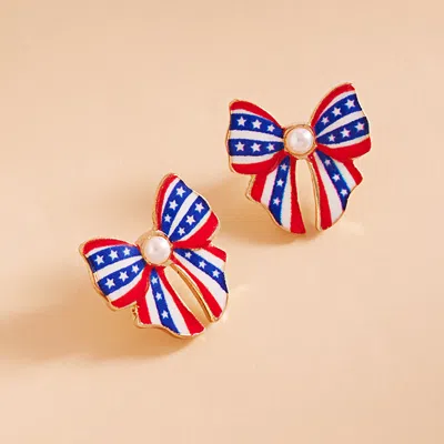 Fashnzfab Pearl Pointed Enamel American Usa Flag Bow Stud Earrings In Blue