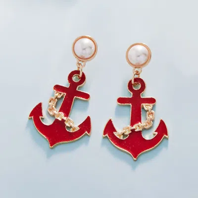 Fashnzfab Pearl Pointed Enamel Anchor Dangle Earrings In Red
