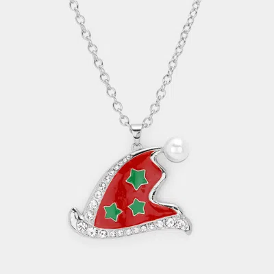 Fashnzfab Pearl Pointed Enamel Christmas Santa Claus Hat Pendant Necklace In Metallic