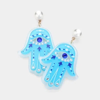 Fashnzfab Pearl Pointed Evil Eye Hamsa Hand Dangle Earrings In Blue
