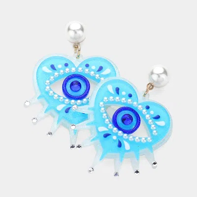Fashnzfab Pearl Pointed Evil Eye Heart Dangle Earrings In Blue