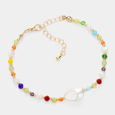 Fashnzfab Pearl Pointed Faceted Bead Strand Bracelet Gold, Multi