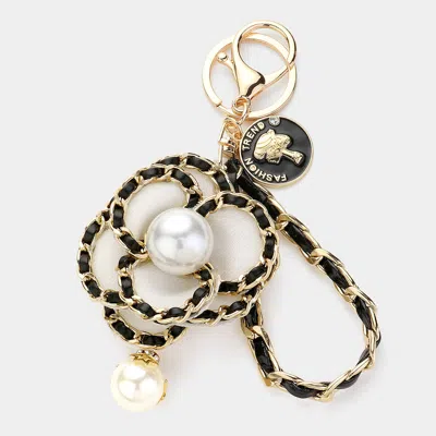 Fashnzfab Pearl Pointed Faux Leather Braided Chain Deco Flower Key Chain In White