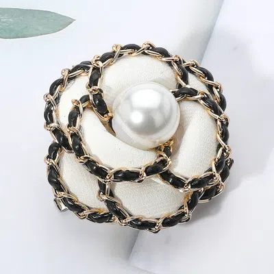 Fashnzfab Pearl Pointed Faux Leather Chain Trim Tweed Flower Pin Brooch Hair Clip In Multi
