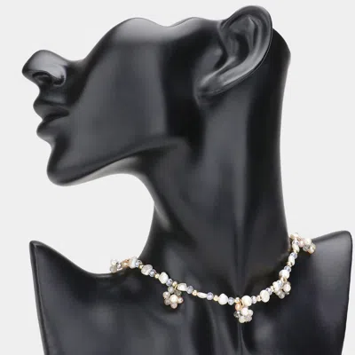 Fashnzfab Pearl Pointed Flower Beaded Station Necklace In Purple