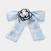 Fashnzfab Pearl Pointed Flower Center Tweed Bow Barrette 7" X 6.75" In Blue