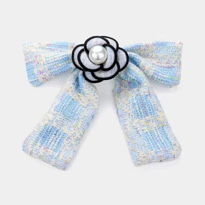 Fashnzfab Pearl Pointed Flower Center Tweed Bow Barrette 7" X 6.75" In Blue