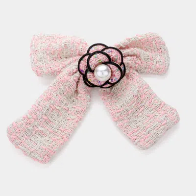 Fashnzfab Pearl Pointed Flower Center Tweed Bow Barrette In Pink