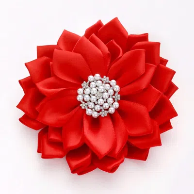 Fashnzfab Pearl Pointed Flower Ribbon Brooch / Hair Clip In Red