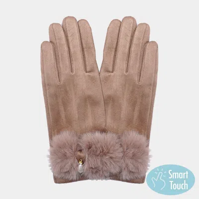 Fashnzfab Pearl Pointed Fuzzy Bow Accented Smart Touch Gloves In Brown